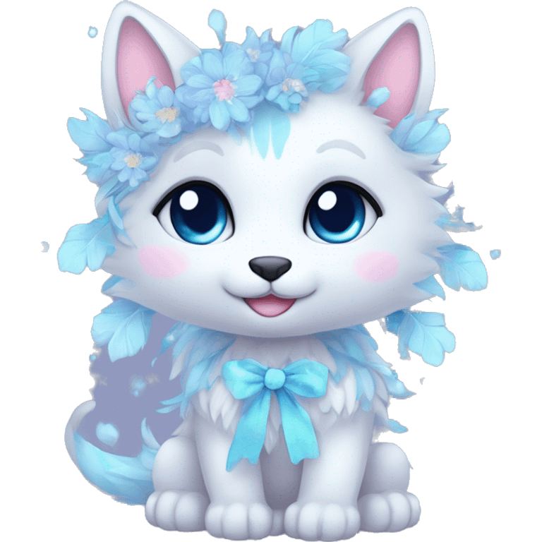 Anthro Cute Cool Pastel Kawaii gorgeous sparkly ethereal fantasy animal creature with blue eyes furry sona with flowers and ribbons beautiful aesthetic emoji