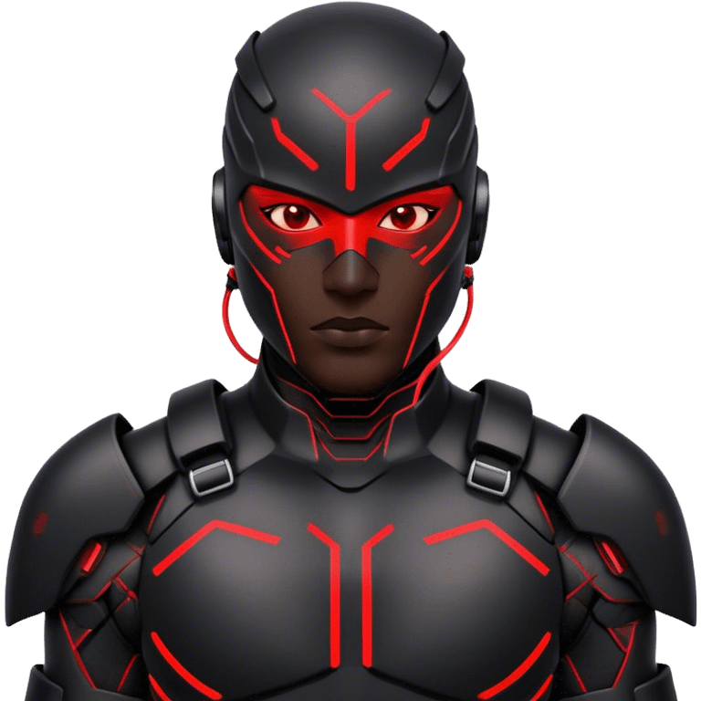 A cyber-warrior with a half-metallic face, neon red lines tracing his black armored skin emoji