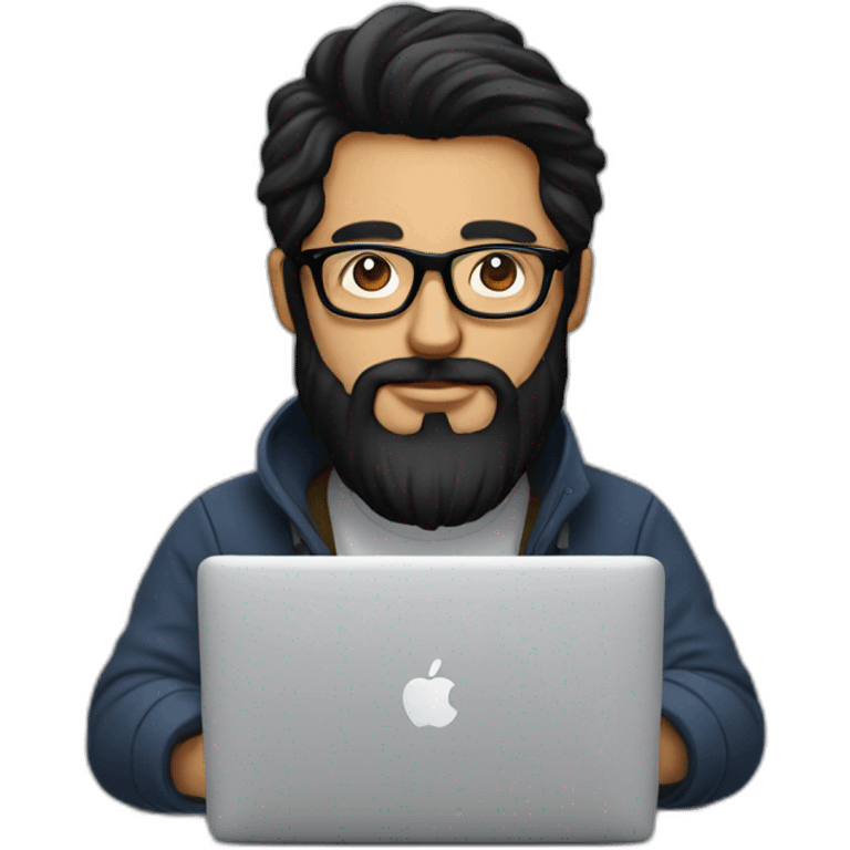 Designer with black hair, beard and glasses working with MacBook and drinking cappuccino  emoji