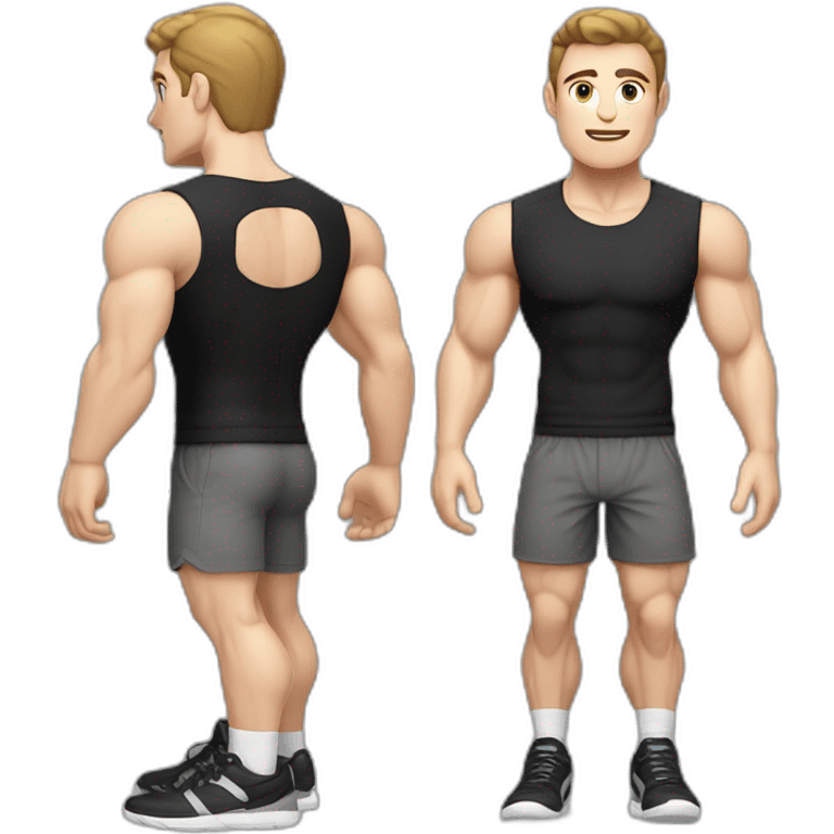 Pale skinned Fit Man With the biceps and dark brown hair in black shirt, gray sports shorts and white Sneakers emoji