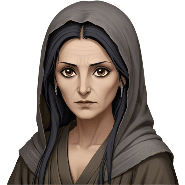 Mirri Maz Duur is a weathered, age 50 Lhazareen woman with deep-set dark eyes, high cheekbones, and a sharp nose, giving her a stern, knowing expression. Her long, unkempt dark hair streaked with gray falls loosely over her shoulders, and her earth-toned, tattered robes mark her as a humble healer. Despite her frail appearance, she exudes an aura of mystery and menace, her hands stained with herbs and blood from both healing and dark sorcery. emoji