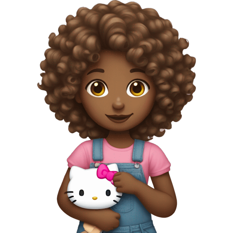 Brown girl with curly hair holding hello Kitty emoji