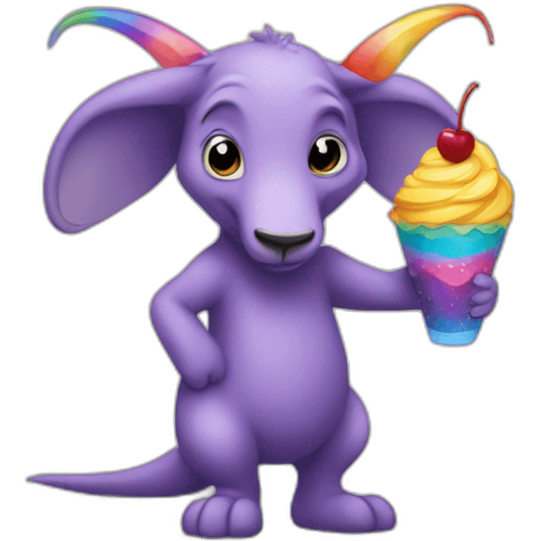 Full body Purple aardvark with a long nose holding a rainbow parfait emoji