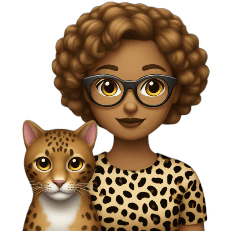 caramel-haired girl wearing glasses and a leopard shirt next to a black cat emoji