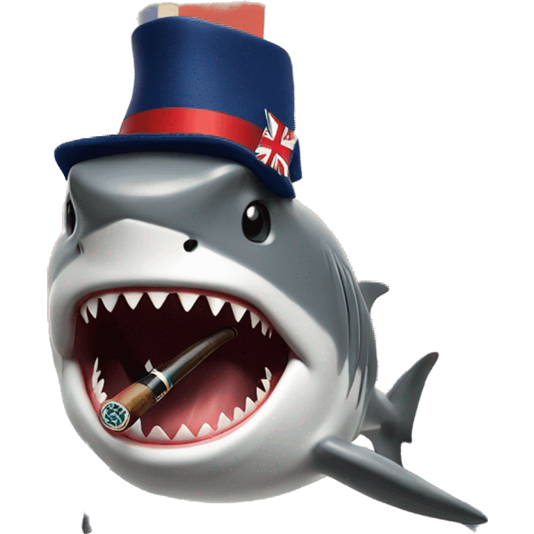  A British shark with a union jack patern hat who is smoking a pipe emoji