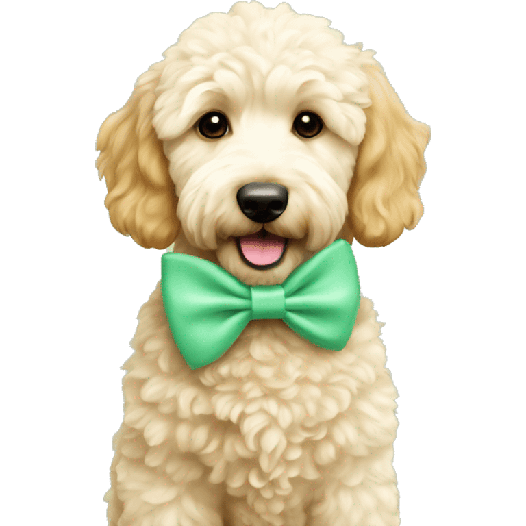 A beige mini golden doodle with blonde highlights wearing a red bow on her mint green collar emoji