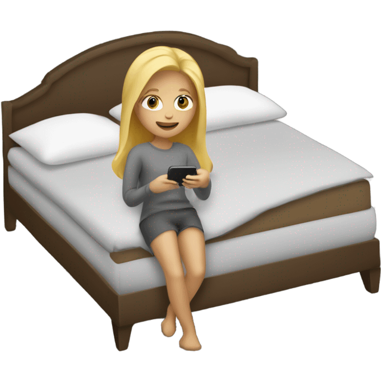 Blond female using iPhone in the dark in bed with grey bedding and brown carpet floor emoji