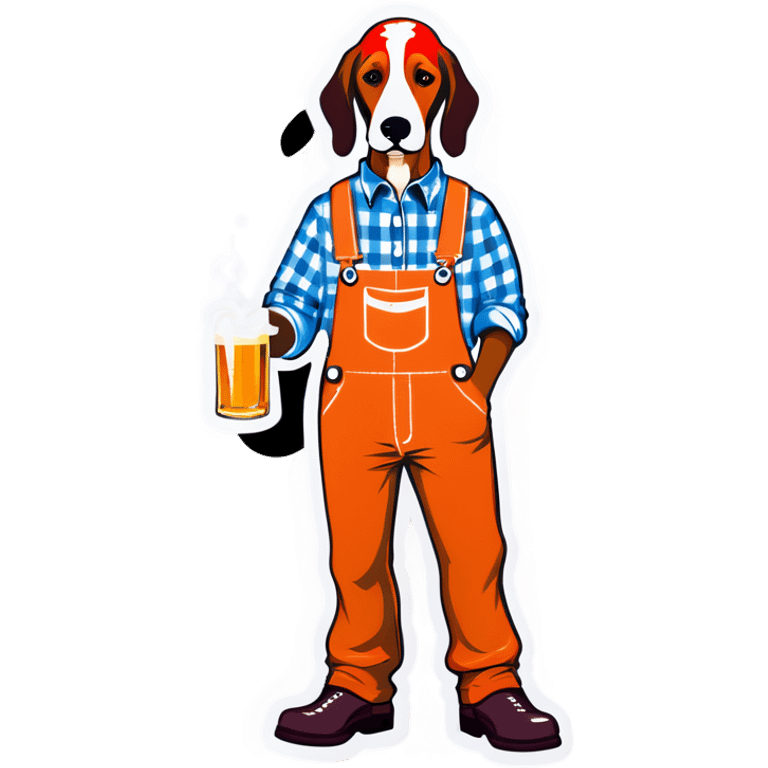 Hound dog in tangerine and white checkered overalls drinking whiskey emoji