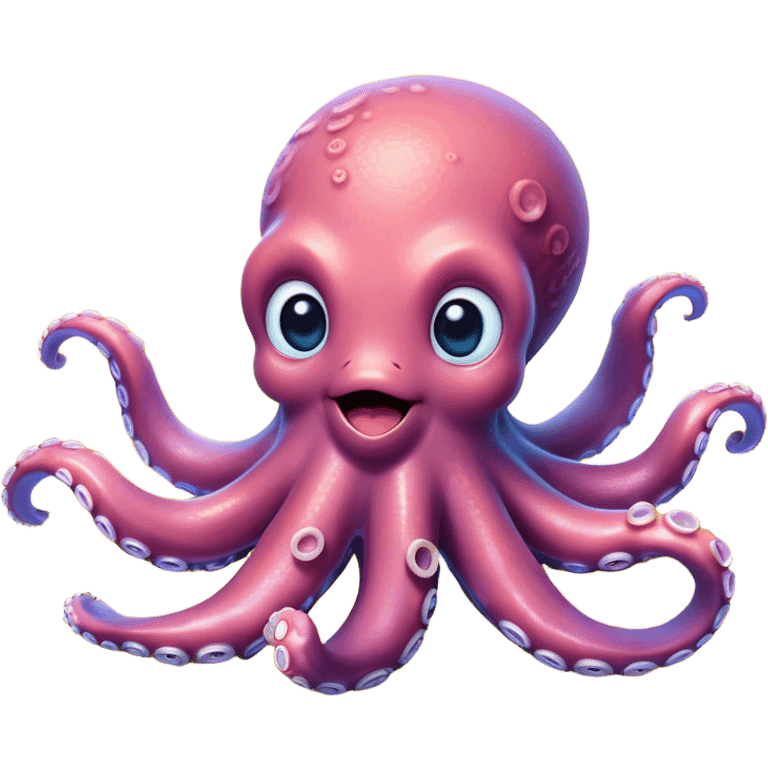 Cinematic Cute Octopus Portrait Emoji, Head tilted playfully and inquisitively, featuring a charming, rounded body with soft, shimmering skin and eight expressive, gently curling arms with playful suckers, with round, sparkling eyes full of wonder, Simplified yet irresistibly adorable features, highly detailed, glowing with a warm, inviting underwater glow, high shine, affectionate and lively, stylized with a touch of whimsical marine charm, soft glowing outline, capturing the essence of a mischievous yet loving octopus that seems as if it could float out of the screen into your arms! emoji