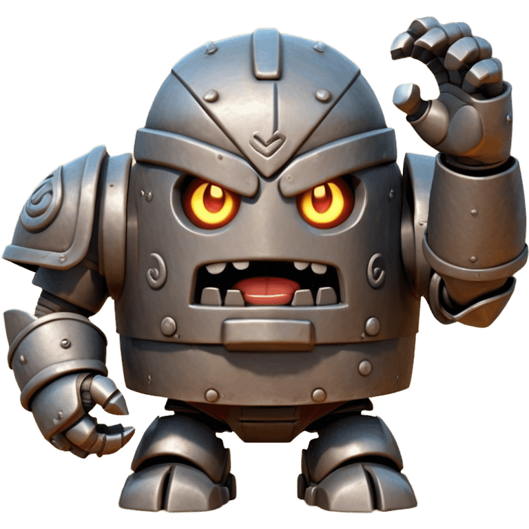 Cinematic Comical Mighty Iron Golem Portrait Emoji Head tilted dramatically with an exaggeratedly amused expression, featuring a bulky, armored form with a slightly lopsided stance, ancient runes flickering erratically, and one massive, jointed hand raised in a slow, deliberate wave. Wide, expressive glowing eyes give it an almost humorous, puzzled look, as if it’s contemplating something far beyond mortal understanding. Rendered with detailed metallic textures and deep, dynamic lighting, high shine, dramatic yet whimsical, styled with a hint of unexpected charm, soft glowing outline, capturing the essence of an endearing yet colossal guardian that looks ready to crack an impossibly slow, earth-shaking joke! emoji