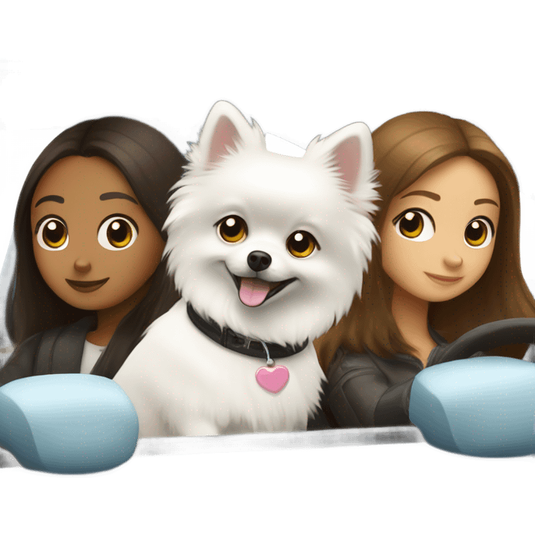 Pomeranian white in car with brunette girl emoji