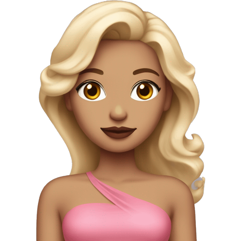 Girl with blonde hair, red lipstick, and tan skin wearng makup and a pink dress emoji