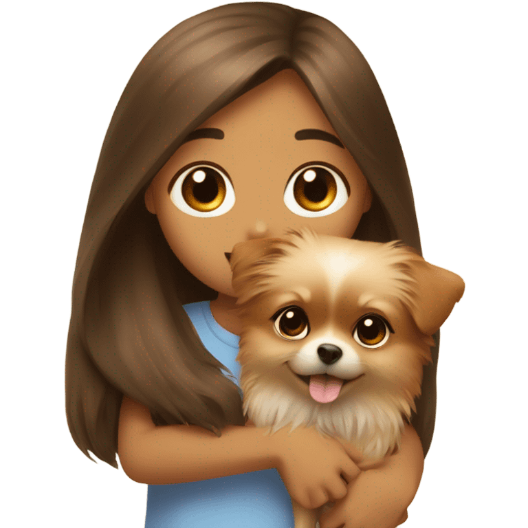 A girl with long hair and brown eyes hugs a small dog, a pomeranian emoji