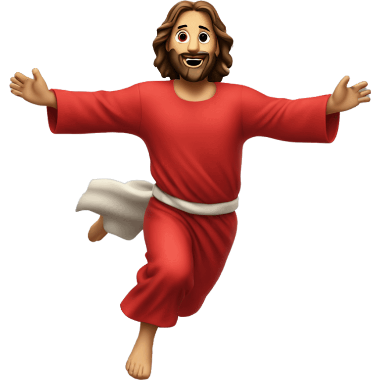 Jesus sprinting, with a large stride and arms outstretched, in a red santa costume emoji