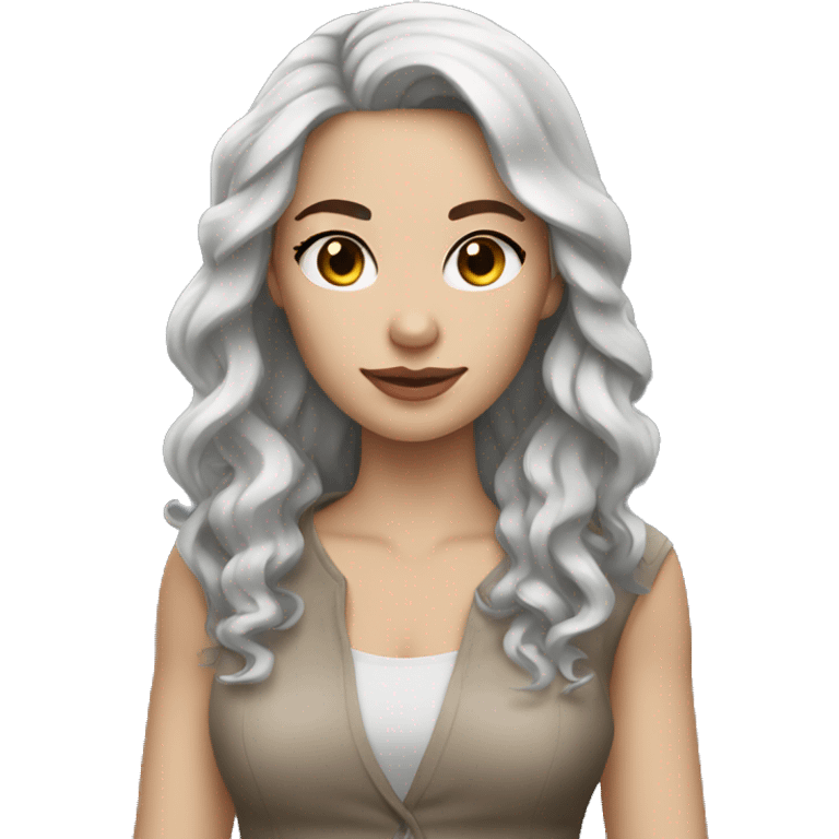 Woman with white skin, long black wavy hair, brown eyes, nice clothes emoji