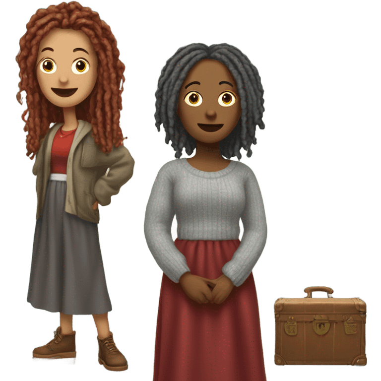 One woman with gray locs wearing pants , other woman is brown with red locs in a knee-length dress with a cozy sweater, looking at antique items, shopping in yardsale emoji