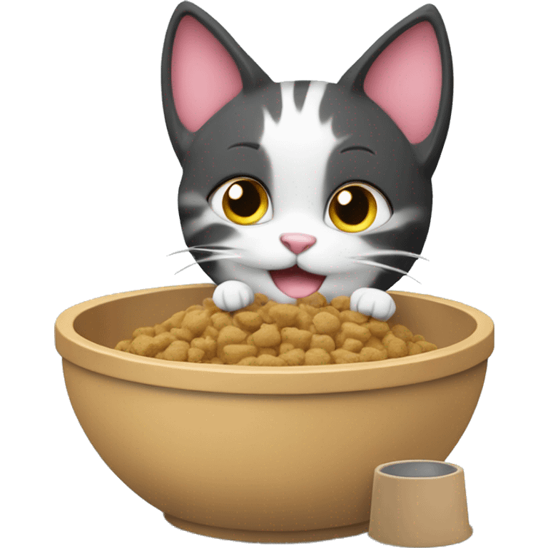 cute cat eating kibble in the bowl with hearts around   emoji