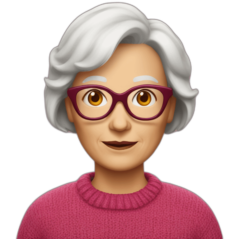 65 year-old Dutch white woman with dark red colored short hair, pink sweater and gold glasses emoji