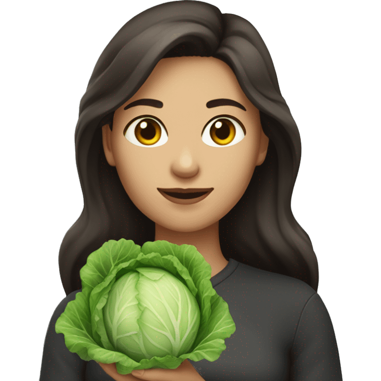 Women with long dark brown hair with name CAPUSTA hold in hands a cabbage  emoji