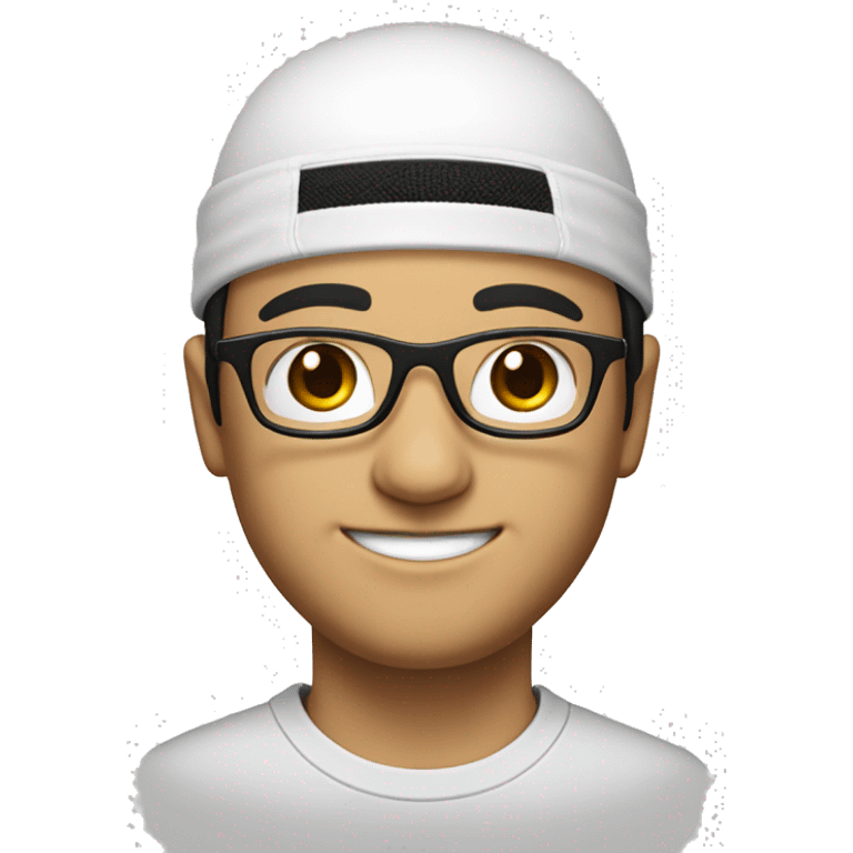 Smiling face with black hair, white round cap (Islamic cap), Block glasses and Head set emoji