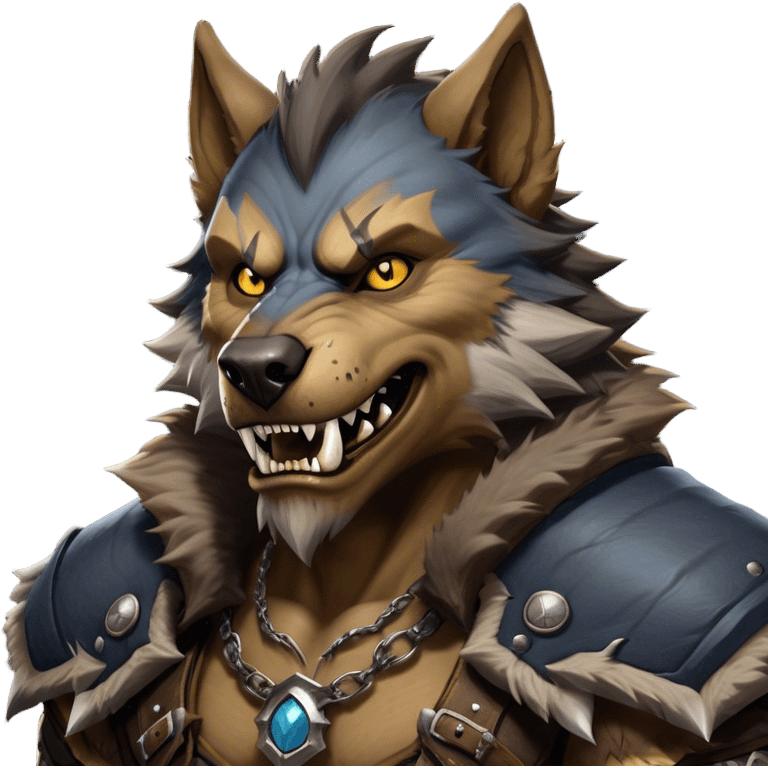 Cinematic Realistic WoW Worgen Portrait, head tilted dramatically with an exaggeratedly amused expression, blending ferocious beastliness with a touch of unexpected humor. His rugged fur, tanned skin, and worn leather garments are rendered with meticulous detail and dynamic lighting, high shine, dramatic yet whimsical, capturing the essence of a worgen whose epic might is tempered by a playful, irreverent charm. emoji