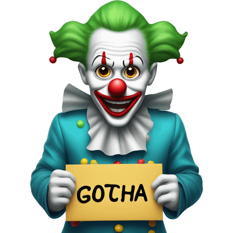 Clown holding a sign stating, "gotcha" emoji