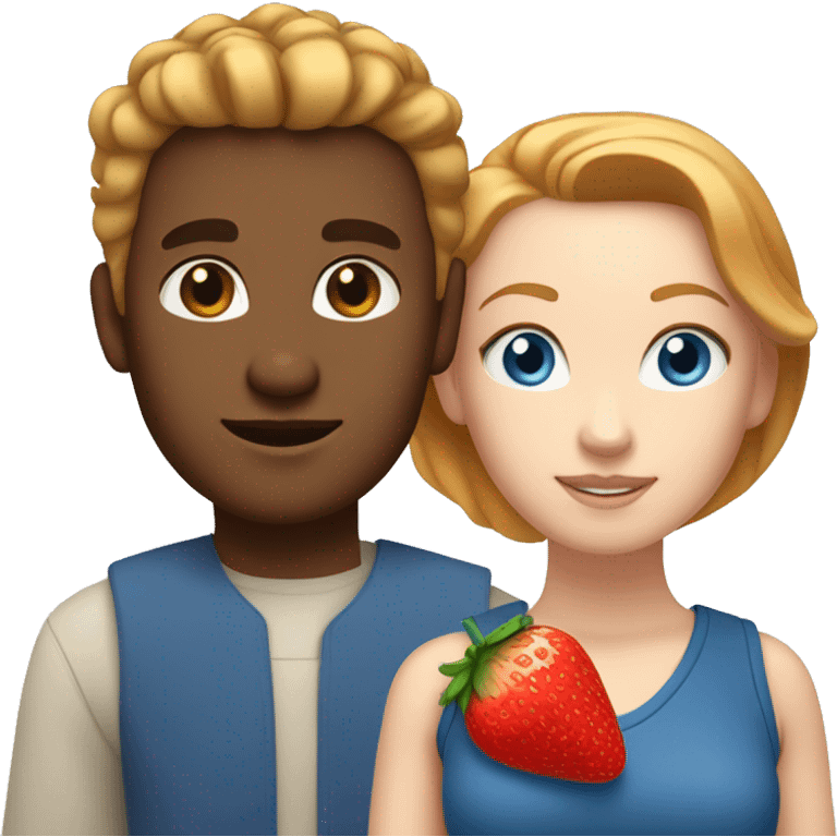 White woman with blue eyes and strawberry blonde hair standing next to a tan man with blue eyes and brown hair in bun. emoji