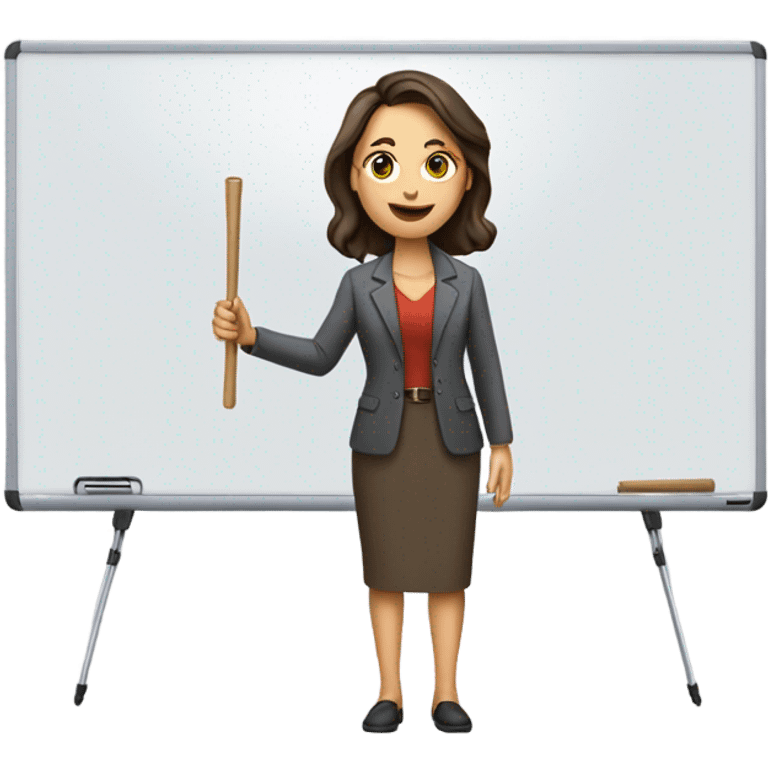 apple style emoji: brunette white woman as a teacher, with a stick in the hand and a whiteboard emoji