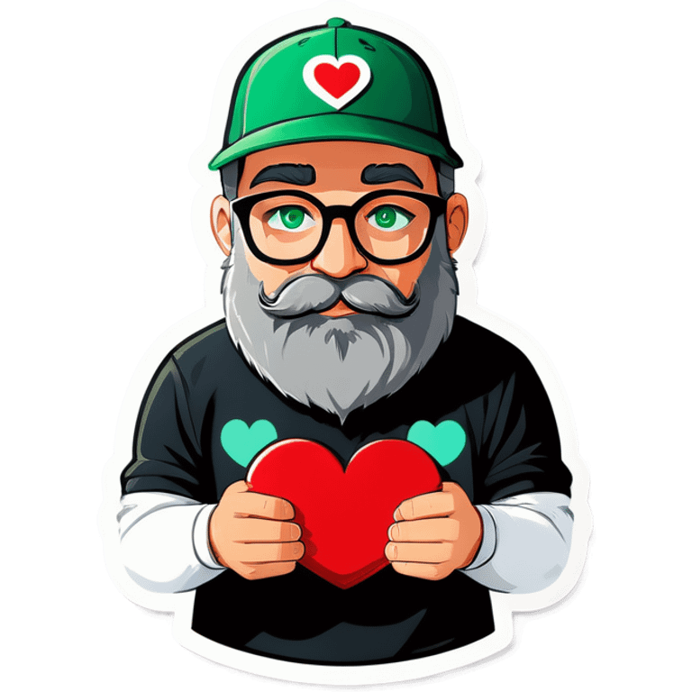 A bold man with a grey baseball cap, green eyes, big beard and glasses holding heart emoji