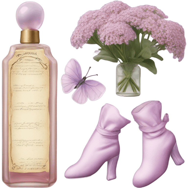 Aesthetic setup of pastel pink alyssum, a charming antique violet perfume bottle, a romantic letter, and lilac velvet gloves. emoji