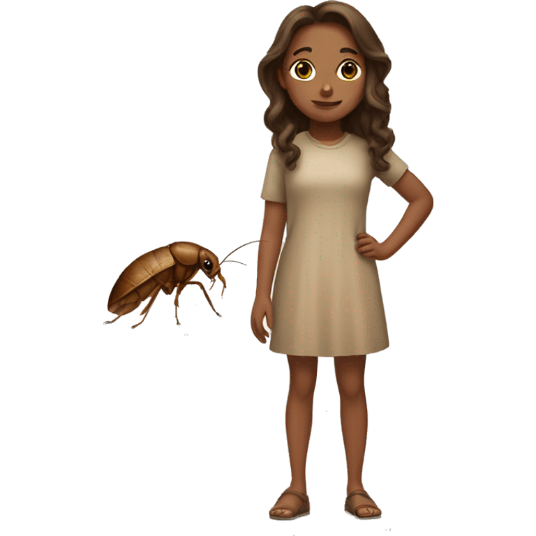 a tan brown haired girl standing next to a roach  emoji