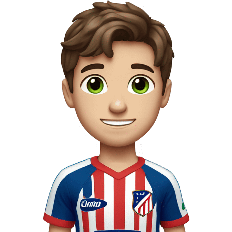 A boy with brown hair, green and blue eyes, and a atlético de Madrid Shirt emoji