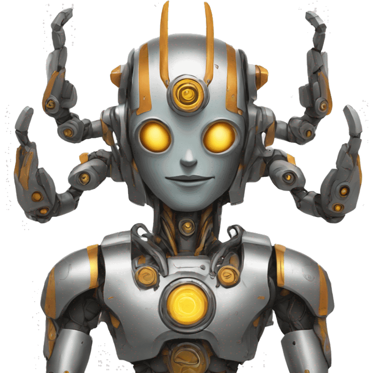 a high-tech metal robot with several arms like an indian god emoji