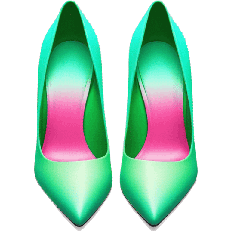 Realistic isolated top view pair of pointed toe hot pink to mint green ombre high heel shoes. emoji