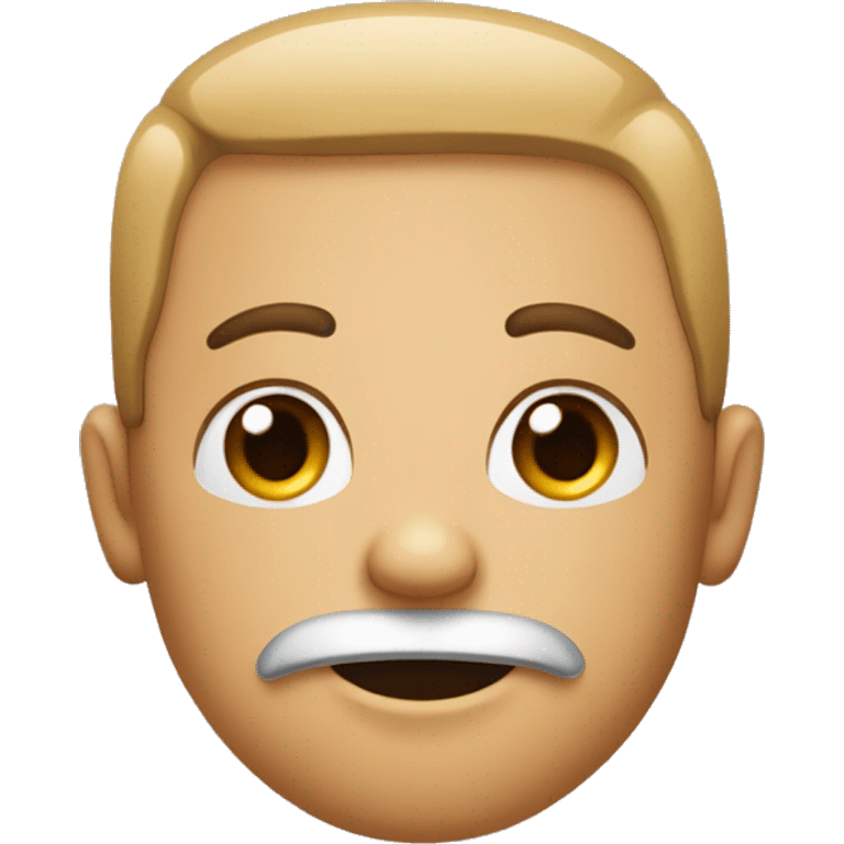 emoji with square face, the right eye closed, the left arm stretched out, the right arm raised, a triangle nose, a frown, 2 teeth, straight hair, a mustache, and the left eye is an x, and a heart tattoo emoji