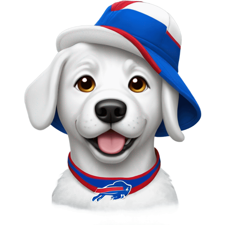 Solid white dog with buffalo bills hat emoji