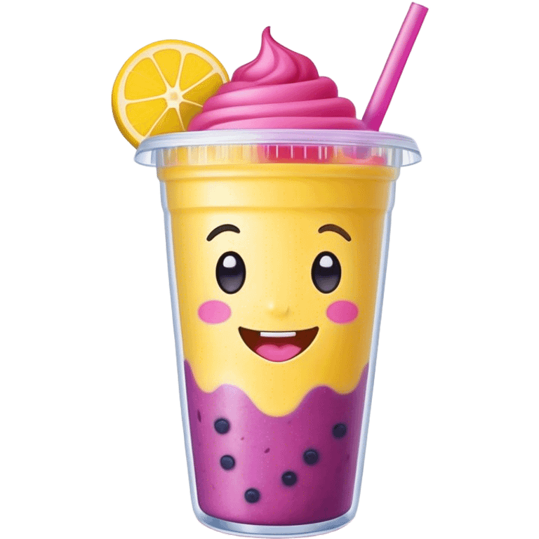 Cute Kawaii Smoothie Cup, filled with blended fruity goodness, a smiling face with excited eyes, bright colorful layers of pink, yellow, and purple, topped with a straw and tiny fruit slices! emoji