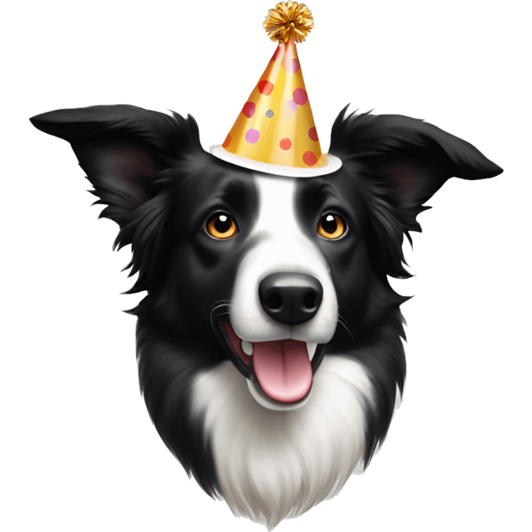 A black and white Border Collie with black spots wearing a party hat.   emoji