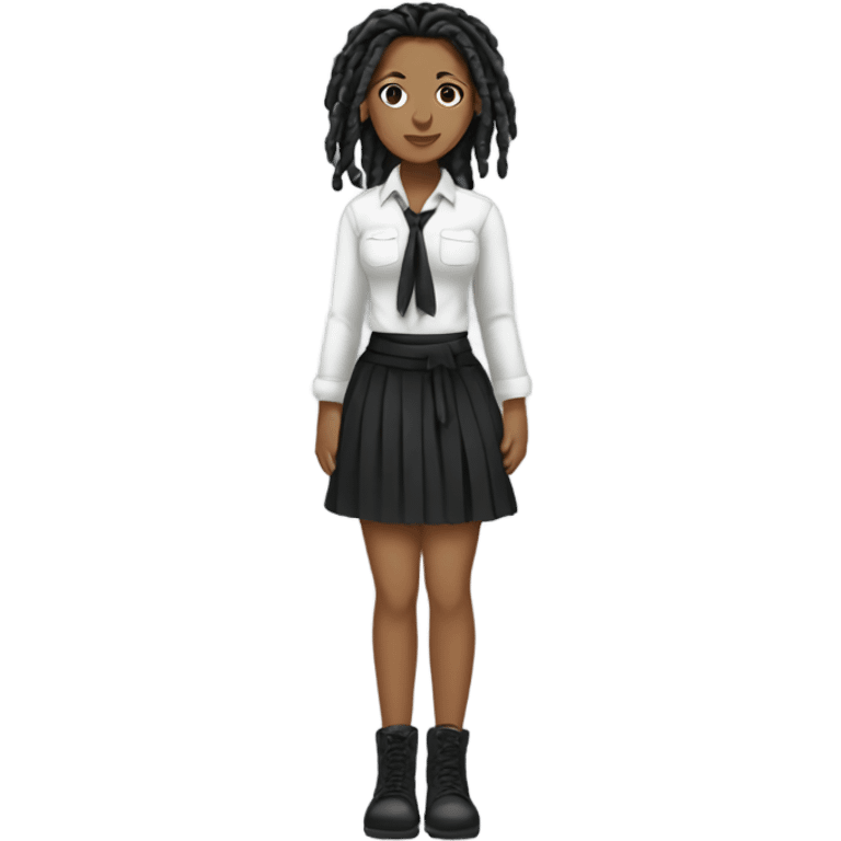 Tan girl with black locs dark white tied shirt black skirt full body emoji