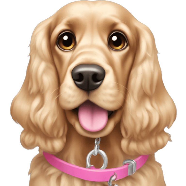 Blond cocker spaniel wearing a pink sleighbell emoji