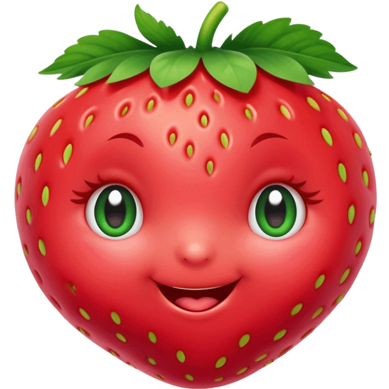 Cinematic plump happy strawberry, glossy bright red, tiny round eyes and blushing cheeks, green leafy top slightly tilted, cheerful and charming. emoji