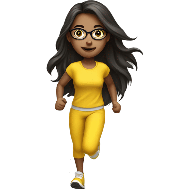 Girl running in yellow clothes set long dark hair and glasses  emoji