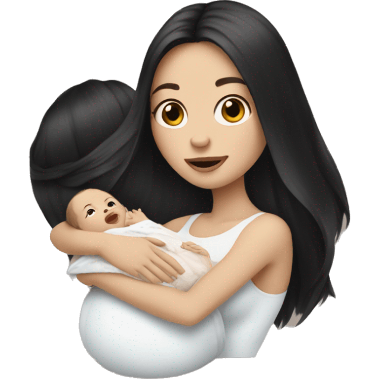 Pale girl with long black hair is holding a pale newborn baby emoji