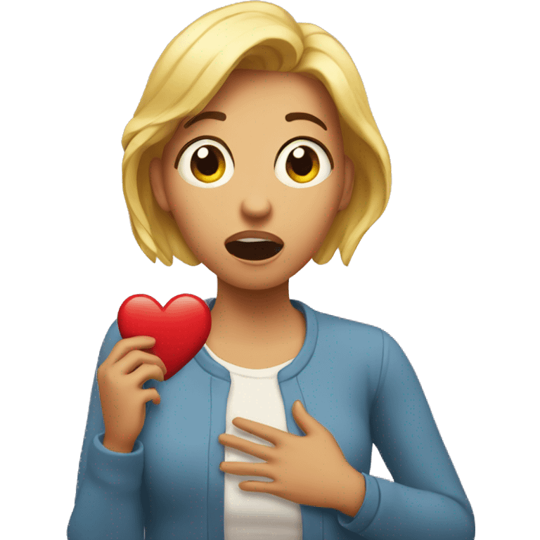 The surprised woman holds onto her heart emoji