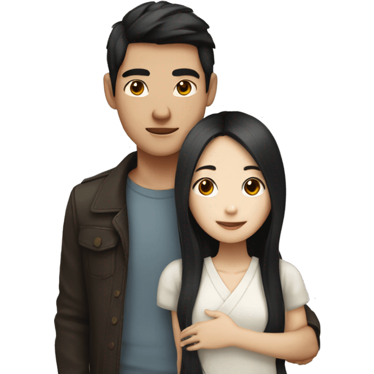 Asian girl with white skin, long dark hair and asian boy with white skin hug together  emoji