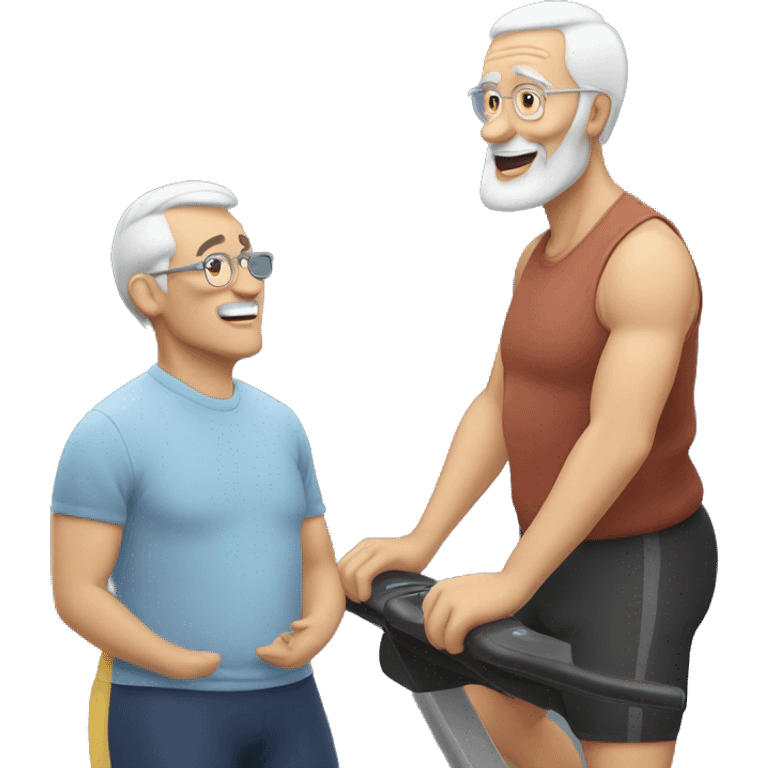 Two old guys talking in front of exercise equipment  emoji