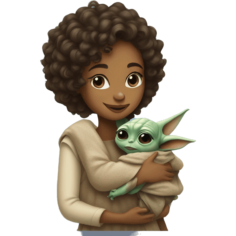 A curly girl hugging baby yoda   emoji