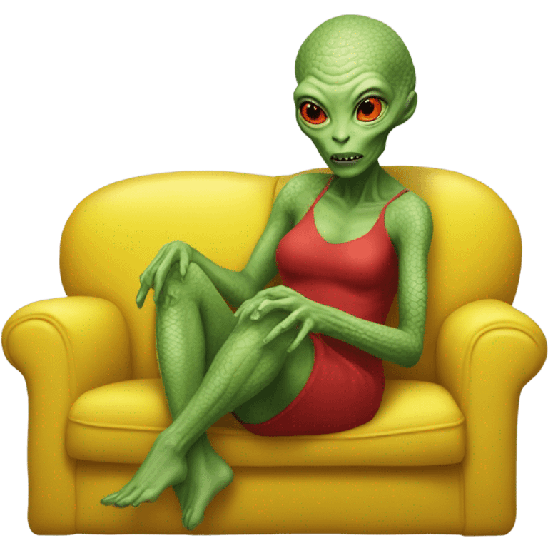 reptilian alien woman in red dress, sitting on a jellow couch  emoji