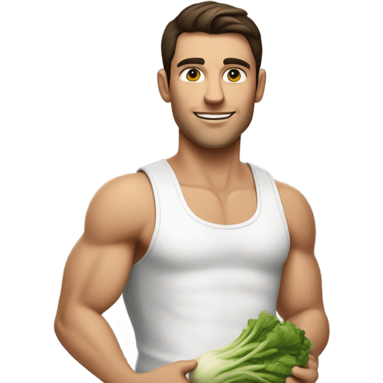 attractive white muscular brunette young man using a chopping vegetables emoji