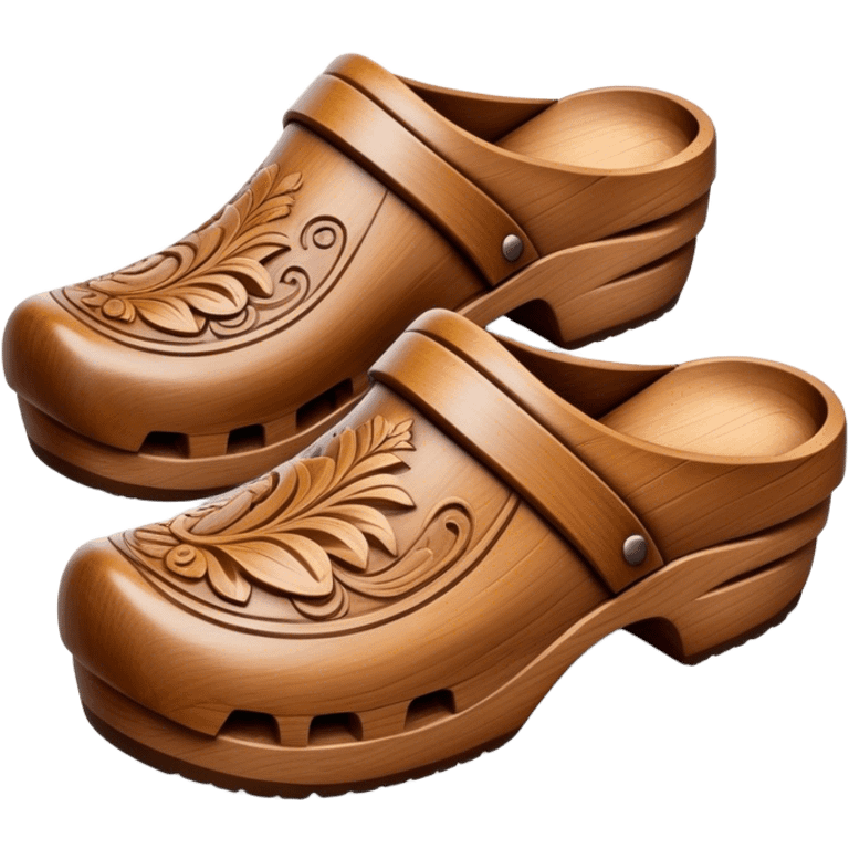 Cinematic Realistic Wooden Clogs Emoji, depicted as a pair of traditionally carved wooden clogs with intricate details and rustic charm. emoji